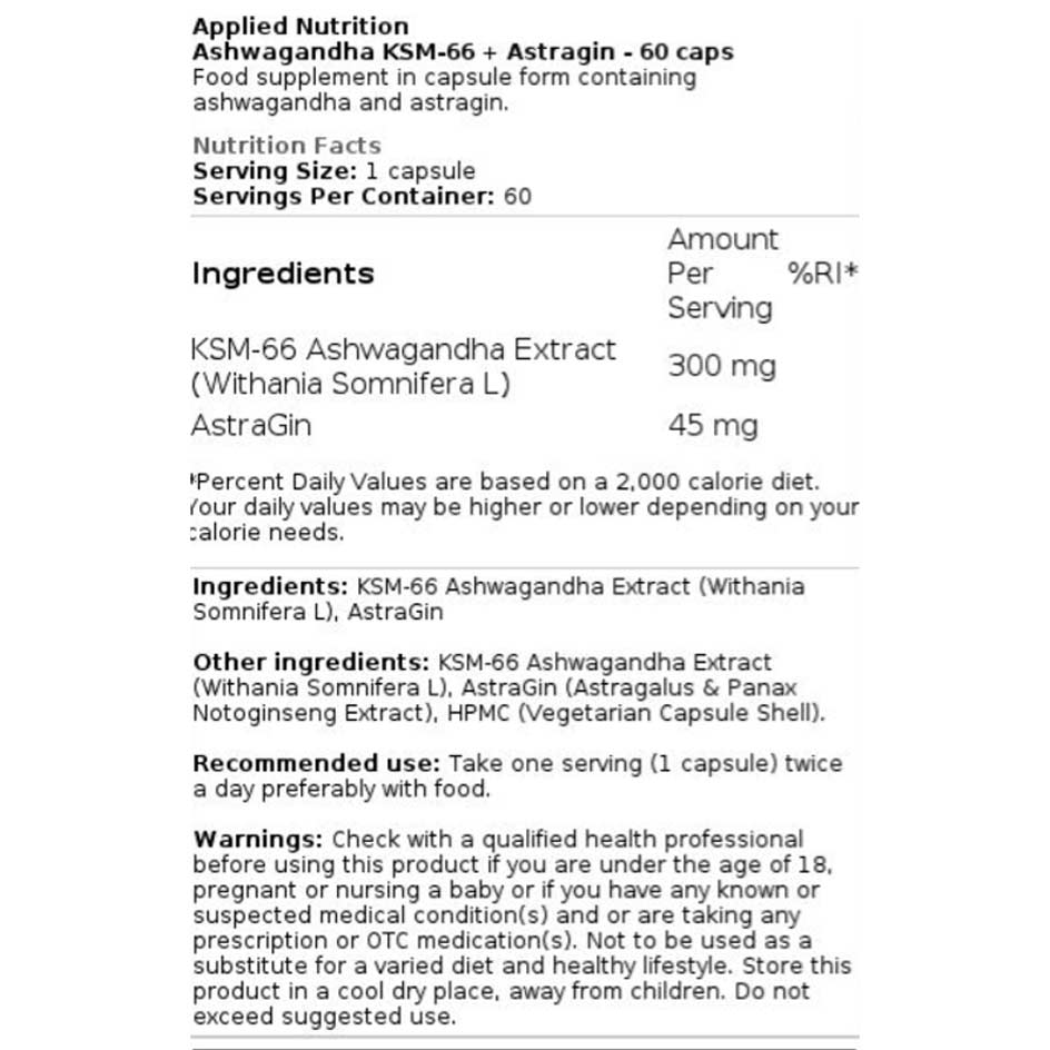Applied Nutrition Ashwagandha KSM-66 + Astragin 60 caps - getboost3d